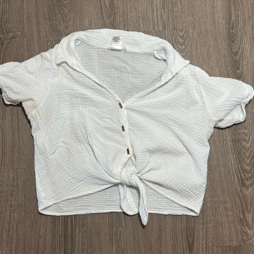 Kirious Los Angeles White 100% Cotton Gauze Tie Front Button-Up Beach Blouse - Picture 7 of 9